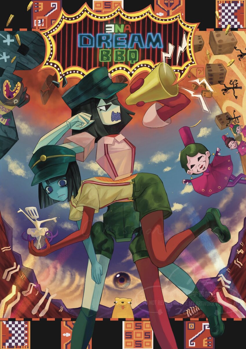 black_hair, blue_skin, blunt_bangs, blunt_ends, bob_cut, colored_skin, ena:_dream_bbq, ena_(dream_bbq), ena_(series), ena_(species), fish_(ena), floating_head, green_hat, hangover_ena, hat, highres, hourglass_dog, laura_(ena), laurel_(ena), linda_(ena), low_poly, meanie_ena, multicolored_skin, multiple_girls, open_mouth, red_skin, shirt, short_hair, short_sleeves, spatulady_(ena), split-color_skin, surreal, two-tone_skin, usagimarumei, white_shirt