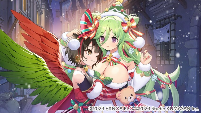 2girls, angel_wings, bare_shoulders, black_hair, blush, bob_cut, botticelli_(girls_creation), bow