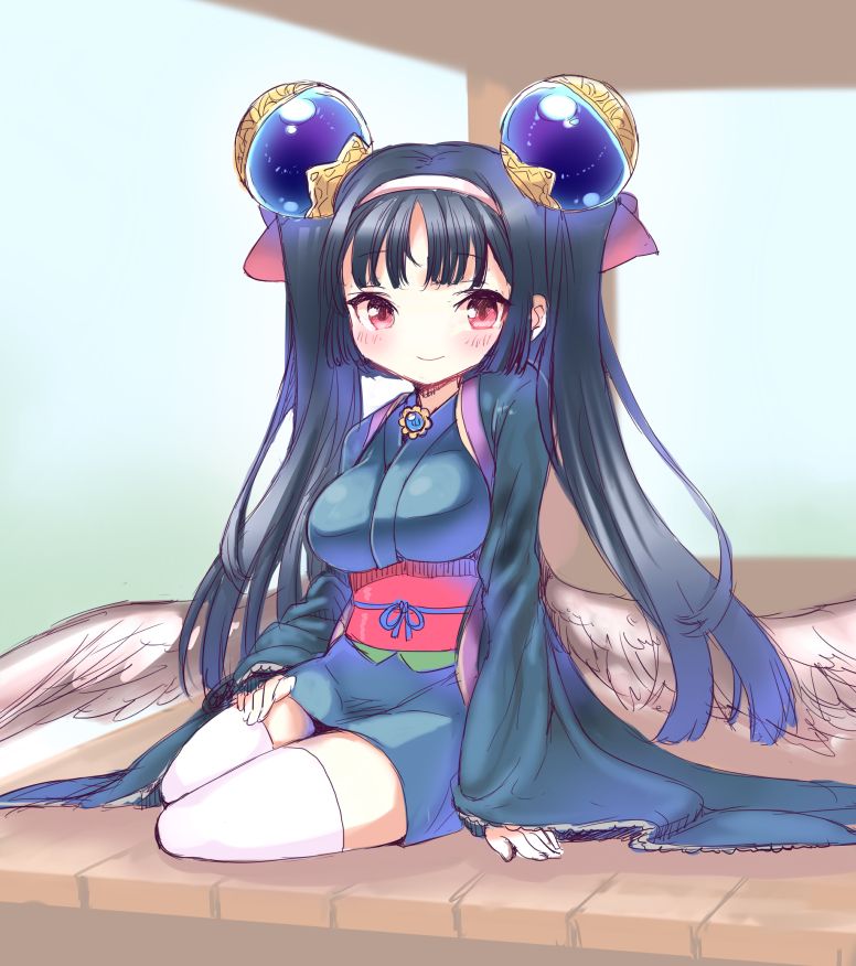1girl, ajitarou_(setsu), black_hair, bow, breasts, brooch, emil_chronicle_online, hair_bow, hair_ornament, hairband, japanese_clothes, jewelry, kimono, large_breasts, looking_at_viewer, mitama_ruri, pink_bow, red_eyes, sitting, thighhighs, twintails, white_hairband, white_thighhighs, white_wings, wide_sleeves, wings