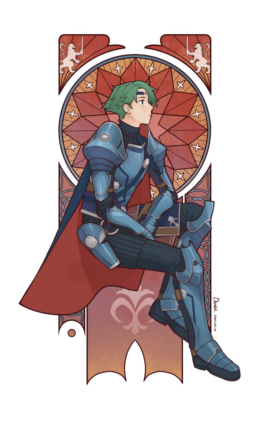 1boy, absurdres, alm_(fire_emblem), armor, armored_boots, blue_armor, boots, cape