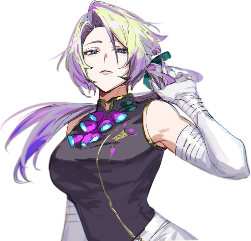 1girl, black_shirt, blonde_hair, breasts, claude_clawmark, elbow_gloves, eyelashes, floating_hair