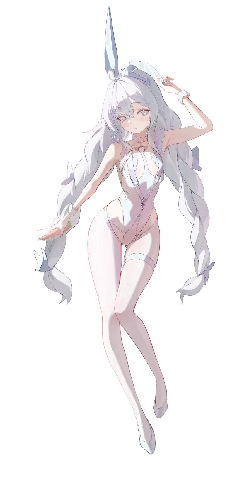 1girl, absurdres, animal_ears, arm_up, azur_lane, banpen, braid, breastless_clothes