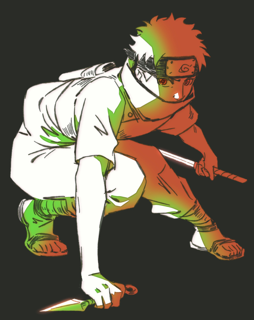 1boy, absurdres, craneace, forehead_protector, full_body, high_collar, highres, holding