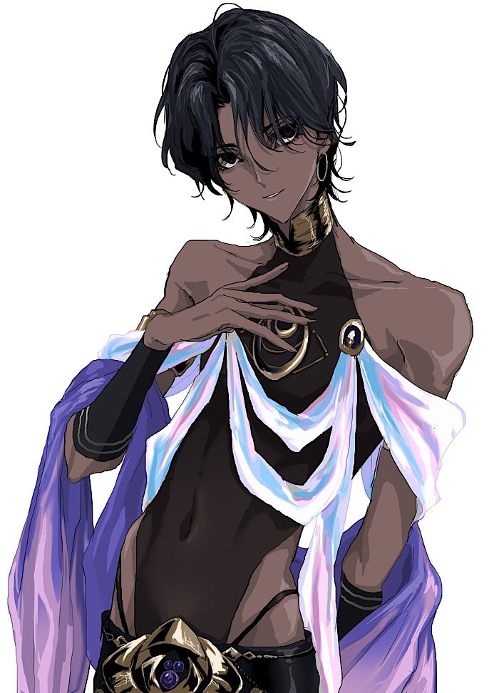 1boy, arjuna_(celebratory_attire)_(fate), arjuna_(fate), armlet, black_eyes, black_hair, covered_navel, dark-skinned_male
