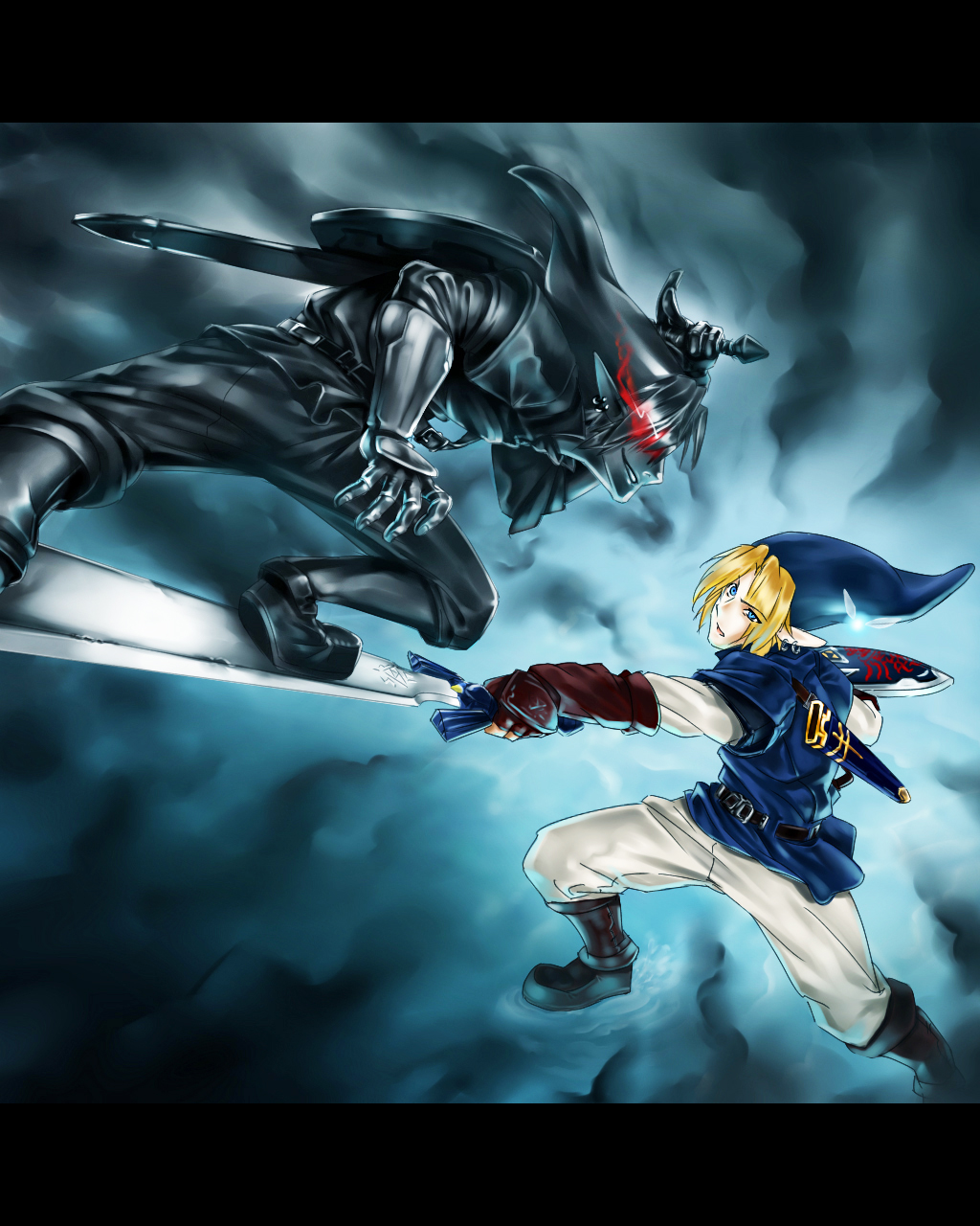 2boys, alto_mayju, battle, belt, black_hair, blonde_hair, blue_eyes, boots