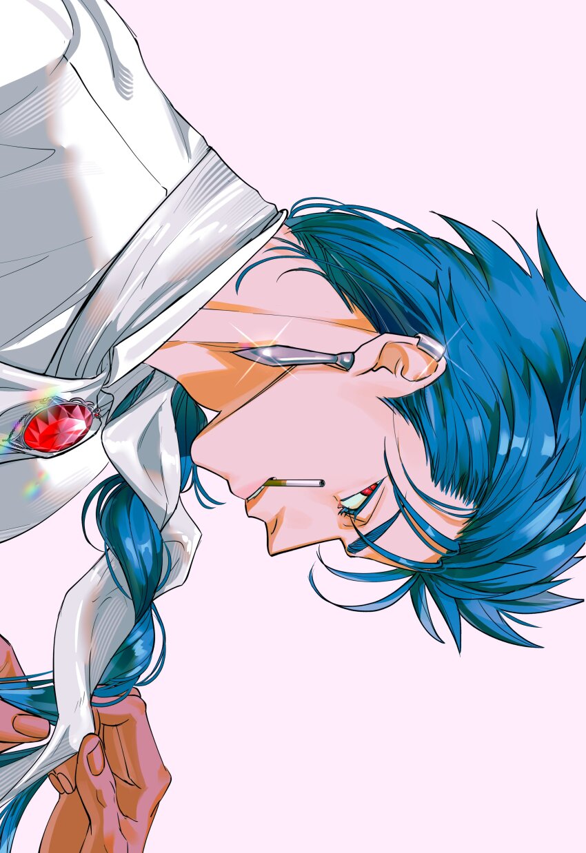 1boy, absurdres, blue_hair, braid, braided_ponytail, braiding_hair, brooch, cigarette