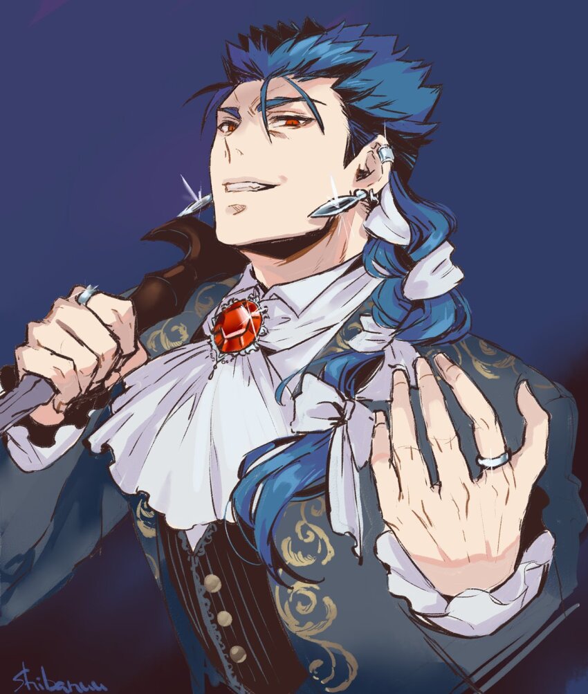 1boy, ascot, blue_background, blue_hair, braid, brooch, cu_chulainn_(celebratory_attire)_(fate), earrings