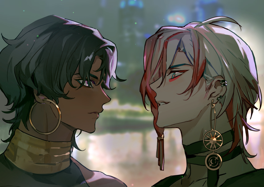 2boys, arjuna_(celebratory_attire)_(fate), black_eyes, black_hair, blue_eyes, brothers, dark-skinned_male, dark_skin