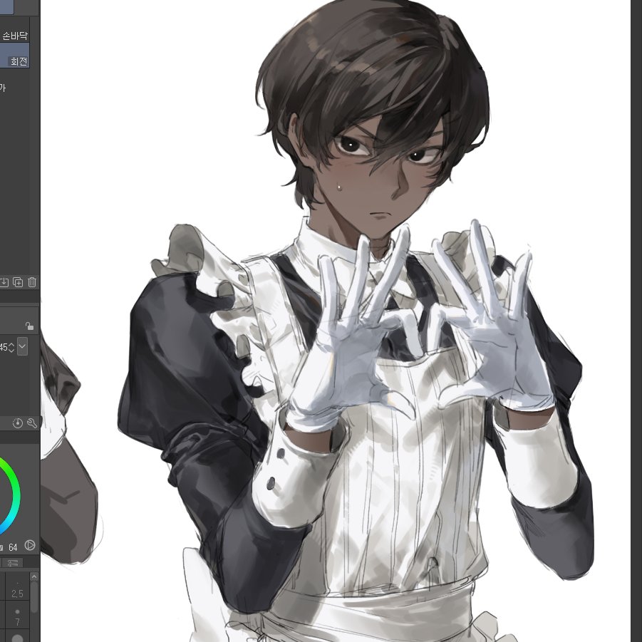 1boy, alternate_costume, apron, arjuna_(fate), art_program_in_frame, black_dress, black_eyes, black_hair