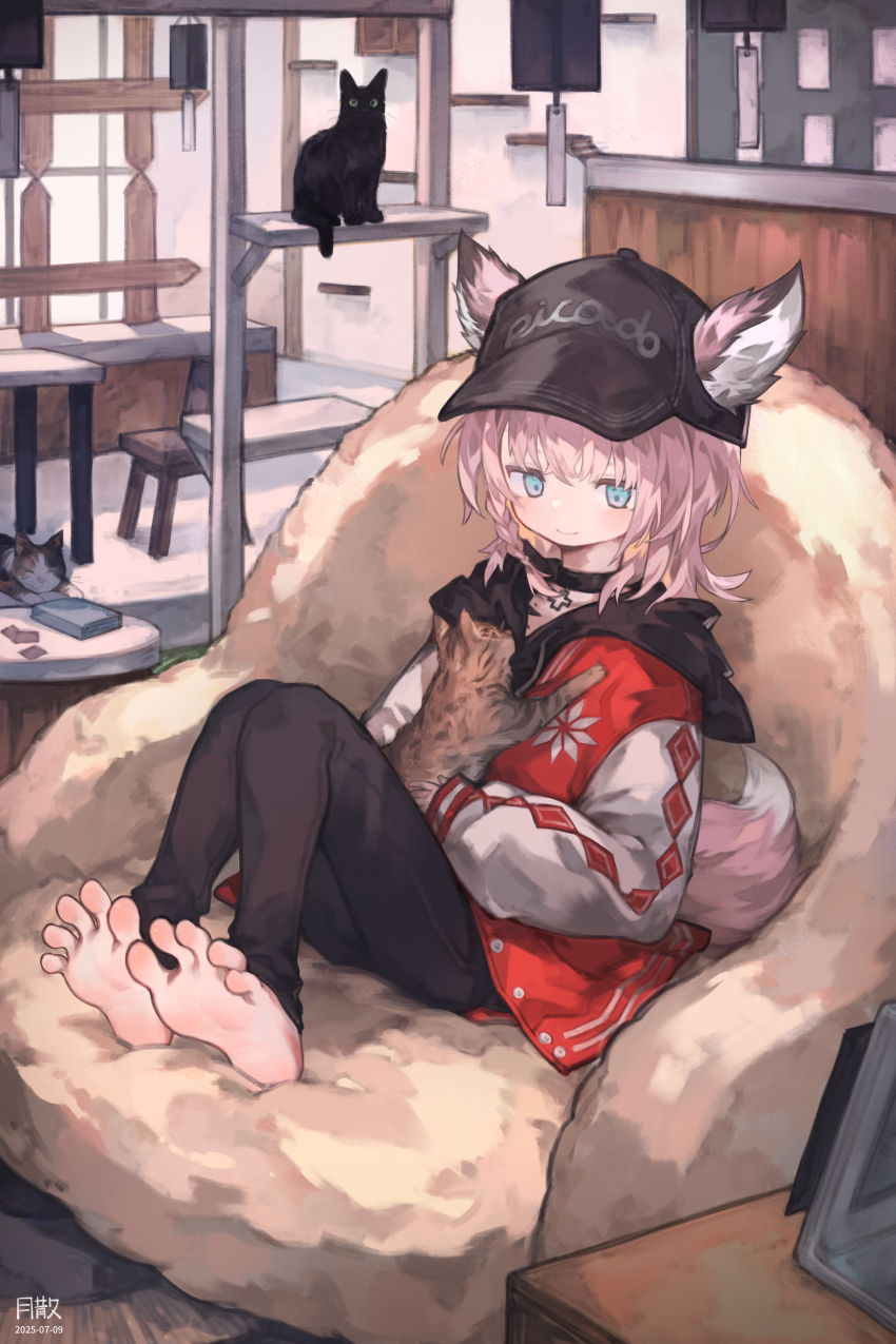 1girl, absurdres, animal, animal_ears, arknights, barefoot, baseball_cap, black_choker, black_hat, black_pants, blue_eyes, cat, choker, closed_mouth, commentary, ears_through_headwear, feet, fox_ears, fox_girl, fox_tail, full_body, hat, highres, indoors, jacket, knees_up, long_sleeves, official_alternate_costume, pants, peaked_cap, pink_hair, short_hair, sitting, soles, solo, sussurro_(arknights), sussurro_(travel_freely)_(arknights), untranslatable_commentary, tail, toes, tsukibara
