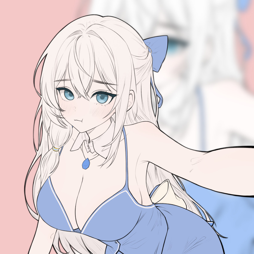 1girl, :t, absurdres, armpits, bare_arms, bare_shoulders, blue_eyes, blue_shirt