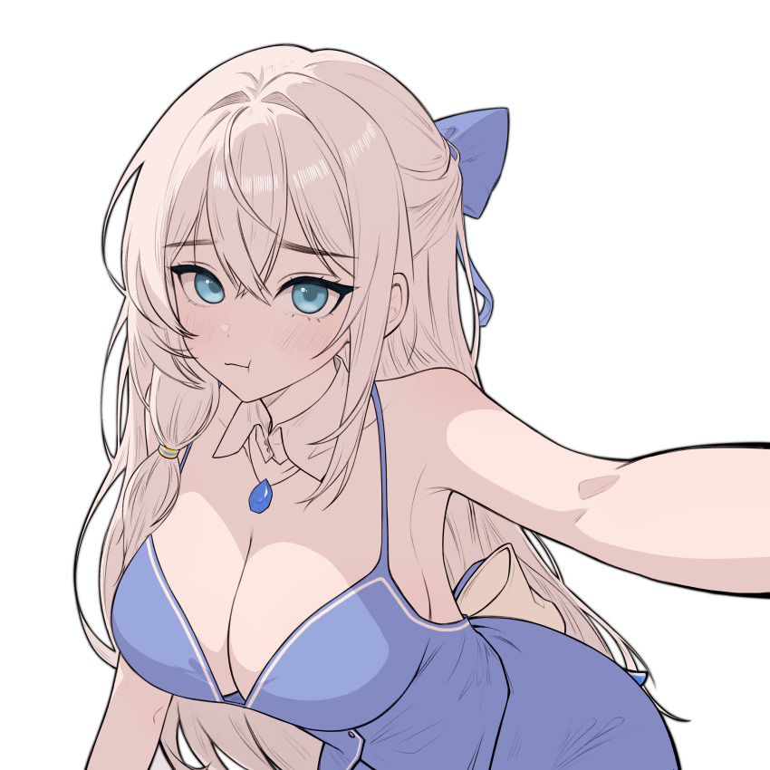 1girl, :t, absurdres, armpits, bare_arms, bare_shoulders, blue_eyes, blue_shirt, blue_skirt, bow, breasts, brooch, cleavage, closed_mouth, commission, detached_collar, erikon_(eruge), hair_bow, half_updo, highres, jewelry, large_breasts, leaning_forward, long_hair, looking_at_viewer, original, outstretched_arm, pochigo, pout, shirt, skirt, sleeveless, sleeveless_shirt, solo, spaghetti_strap, standing, upper_body, very_long_hair, white_hair