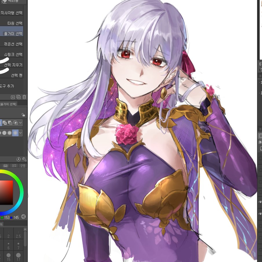 1girl, art_program_in_frame, breasts, colored_inner_hair, earrings, fate/grand_order, fate_(series), flower, hair_ribbon, jewelry, kama_(assassin)_(second_ascension)_(fate), kama_(fate), kama_(second_ascension)_(fate), kama_(teenager)_(fate), large_breasts, long_hair, looking_at_viewer, multicolored_hair, open_mouth, potato_goril, purple_hair, red_eyes, ribbon, see-through_cleavage, see-through_clothes, simple_background, smile, solo, upper_body, white_background