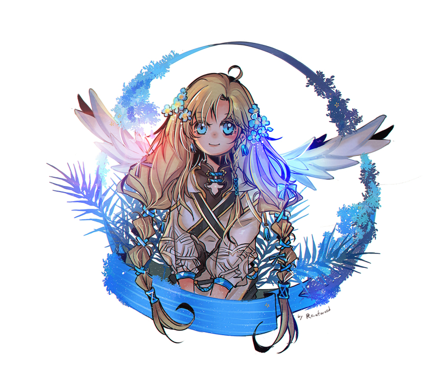 1girl, blony_(mabinogi), flower, grass, hair_flower, hair_ornament, highres, looking_at_viewer