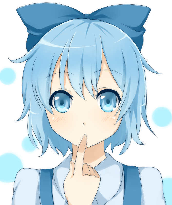 1girl, blue_eyes, blue_hair, blush, bow, cirno, close-up, female_focus