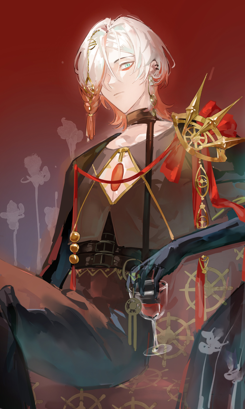 1boy, absurdres, blue_eyes, chensheng375, chest_jewel, cup, drinking_glass, earrings, eyeshadow, eyeshadow_under_eye, fate/grand_order, fate_(series), gradient_hair, hair_ornament, hair_over_one_eye, highres, holding, holding_cup, jewelry, karna_(celebratory_attire)_(fate), looking_at_viewer, makeup, male_focus, medium_hair, multicolored_hair, multiple_earrings, pale_skin, red_eyeshadow, red_hair, sitting, solo, white_hair, wine_glass