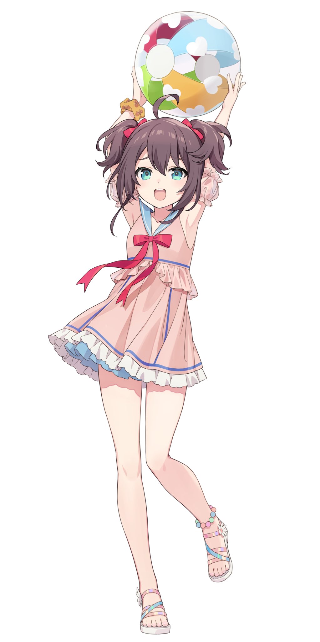 1girl, :d, ahoge, armpits, arms_up, artist_request, ball, beachball