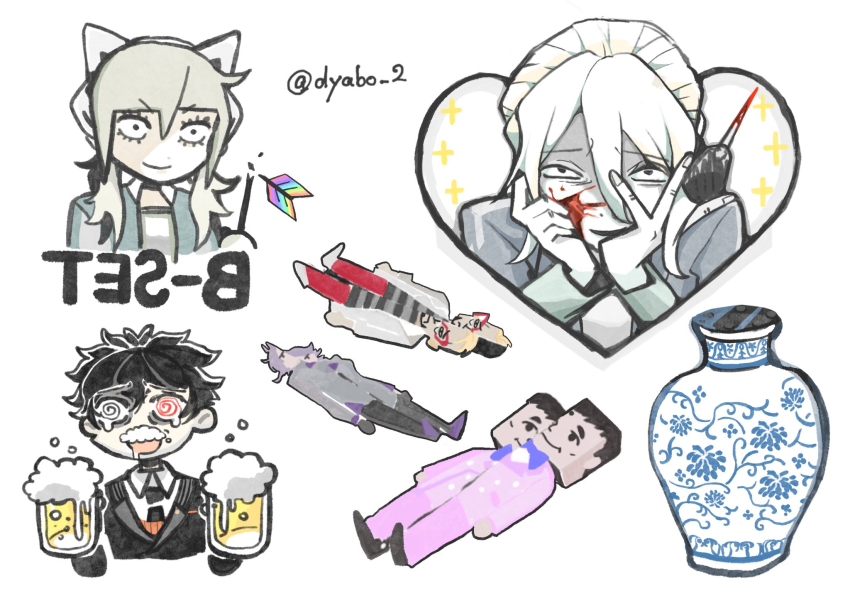 2girls, 4boys, ai_the_somnium_files, ai_the_somnium_files:_nirvana_initiative, alcohol, beer, beer_mug, bisected