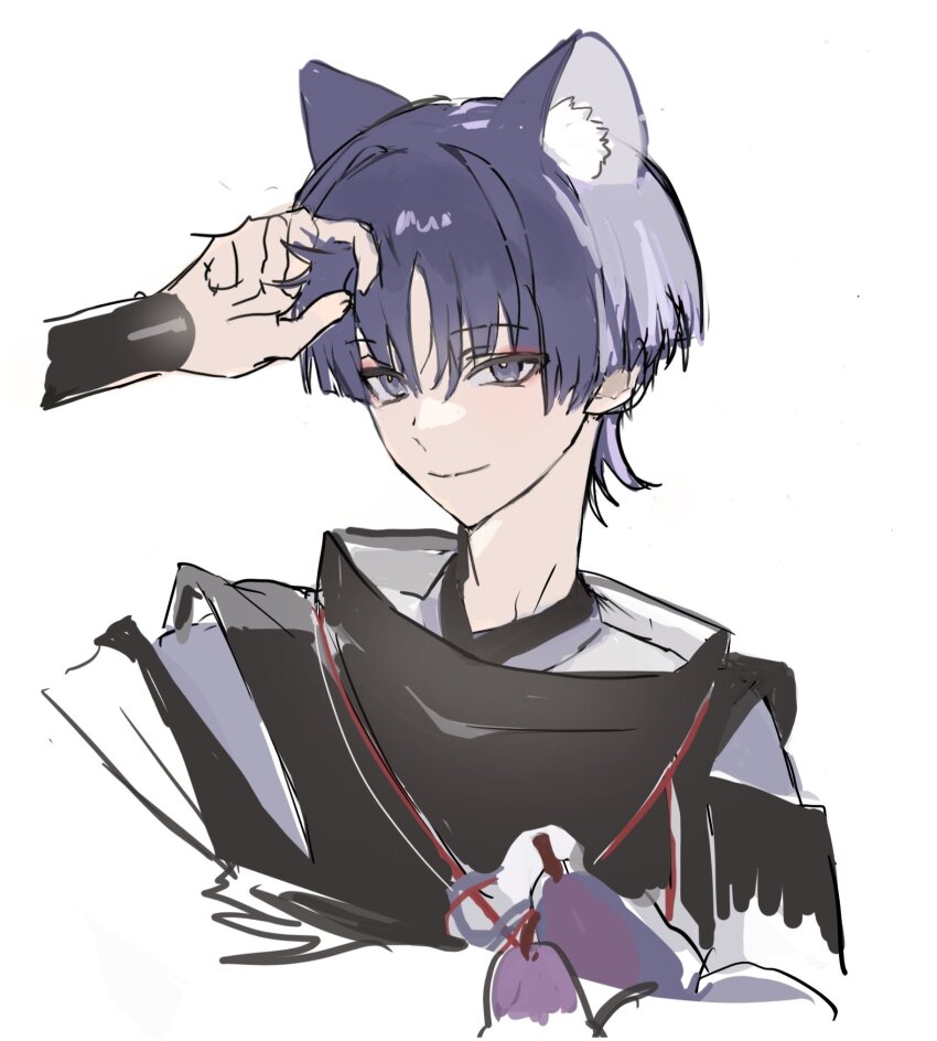 1boy, animal_ear_fluff, animal_ears, armor, black_sleeves, blunt_ends, bright_pupils, cat_boy