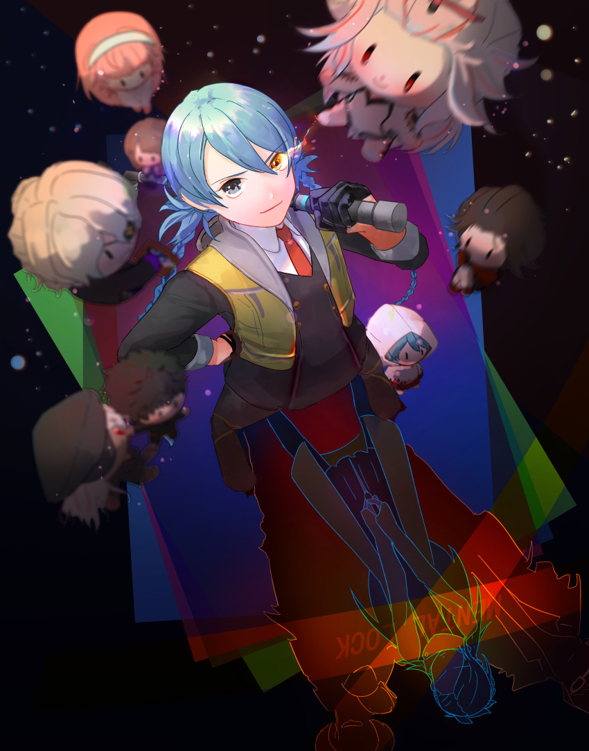 1girl, absurdres, ai_the_somnium_files, ai_the_somnium_files:_nirvana_initiative, black_eyes, black_gloves, blue_hair, boss_(ai_the_somnium_files), braid, character_doll, chieda_kizuna, closed_mouth, date_kaname, doll, flagkunnn, full_body, gloves, heterochromia, highres, holding, holding_lead_pipe, kuranushi_mizuki, lead_pipe, long_hair, looking_at_viewer, low_twin_braids, nadami_shouko, okiura_mizuki, okiura_renjuu, ryuki_kuruto, sagan_iris, school_uniform, sekiba_girls'_high_school_uniform, shadow, smile, solo, spoilers, tama_(ai_the_somnium_files), twin_braids, very_long_hair, yellow_eyes