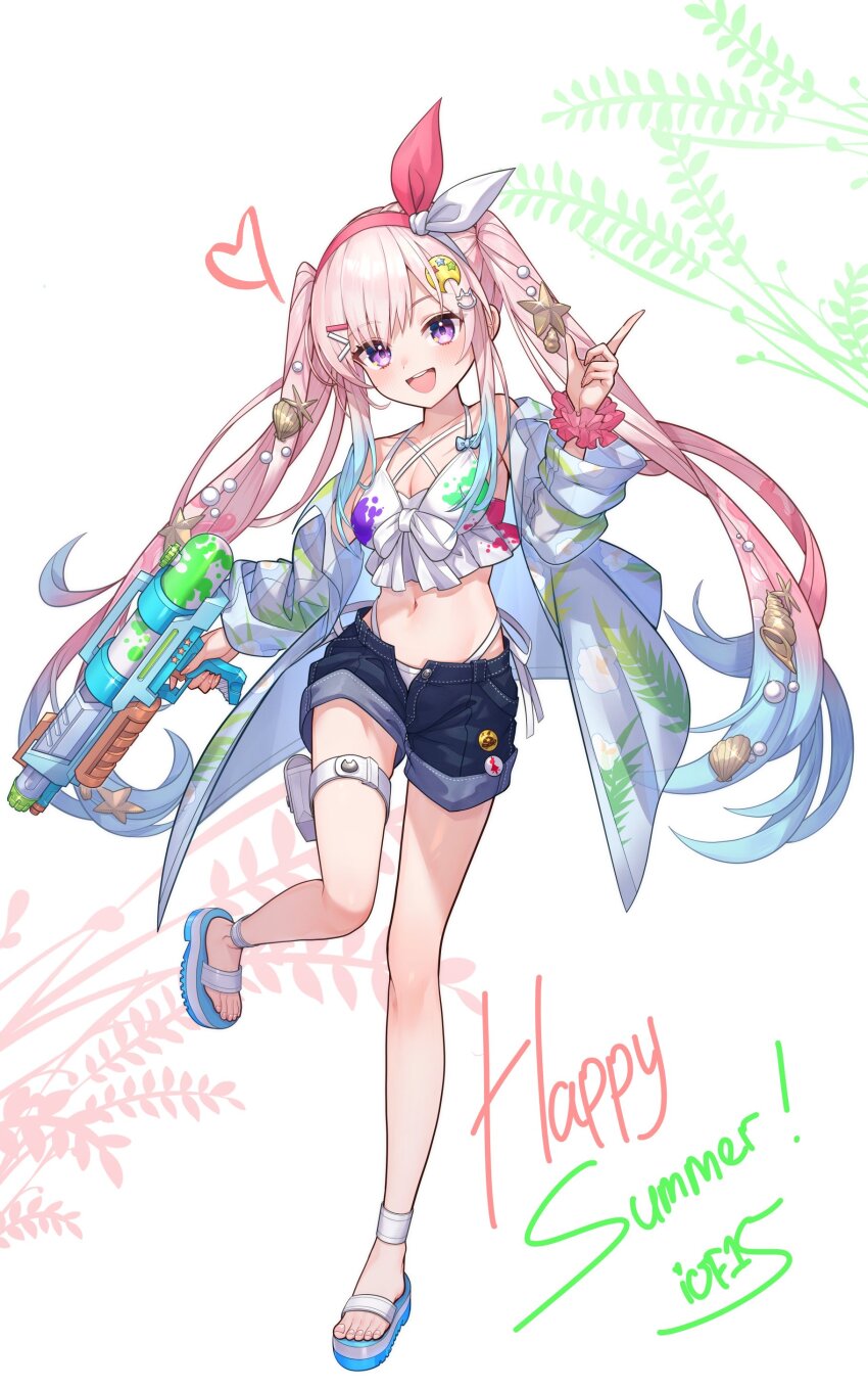 1girl, :d, absurdres, airani_iofifteen, airani_iofifteen_(holonatsu_paradise), artist_request, bikini, bikini_bottom_under_shorts