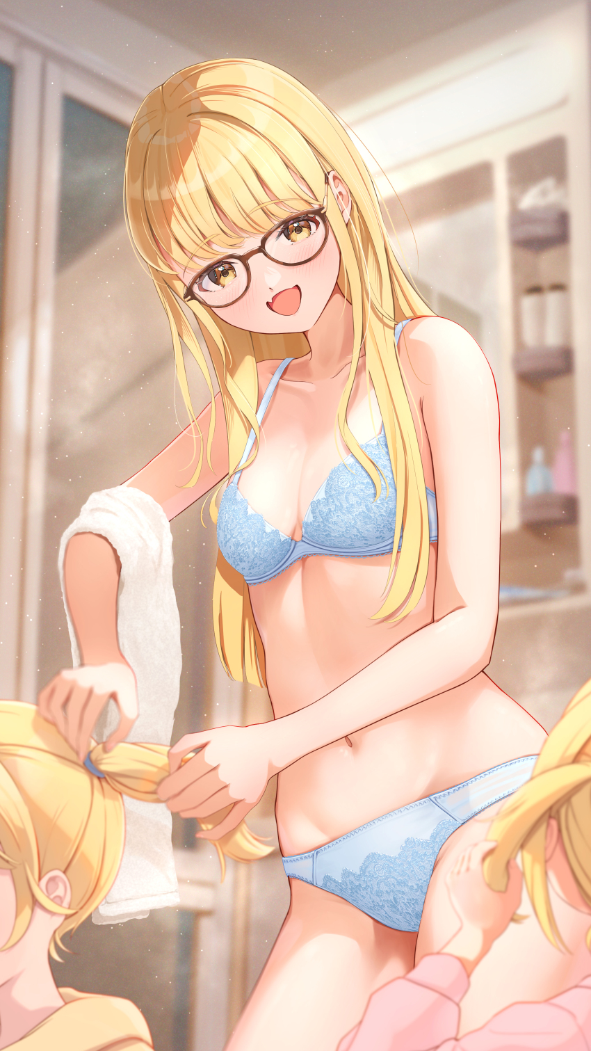 3girls, absurdres, alternate_hairstyle, blonde_hair, blue_bra, blue_panties, blurry, blurry_background