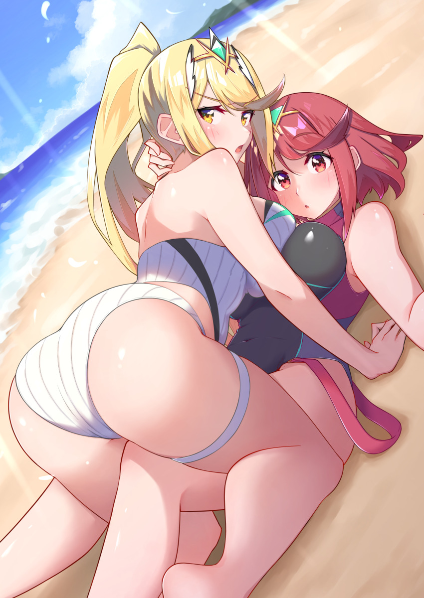 2girls, ass, blonde_hair, breasts, highres, large_breasts, multiple_girls, mythra_(radiant_beach)_(xenoblade)