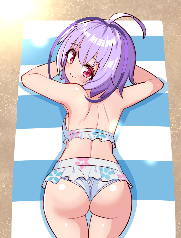 1girl, ahoge, ass, ass_focus, azure_striker_gunvolt, backboob, bare_shoulders, bikini