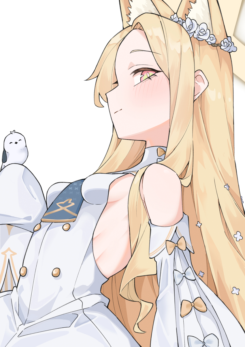 1girl, absurdres, ahti, animal_ear_fluff, animal_ears, bare_shoulders, bird, blonde_hair