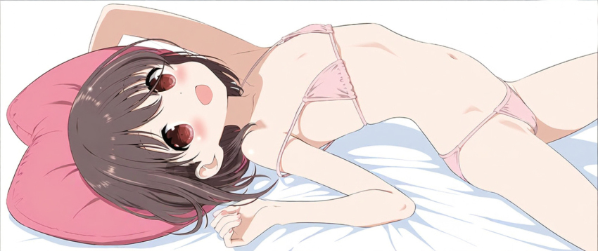 1girl, arched_back, bare_shoulders, bed_sheet, bikini, blush, breasts, brown_eyes, child, cowboy_shot, flat_chest, head_on_pillow, hip_bones, kobayashi_ritz, loli, looking_at_viewer, lying, medium_hair, navel, non-web_source, on_back, on_bed, open_mouth, petite, pillow, pink_bikini, red_pillow, ribs, saki_(manga), shinohayu_the_dawn_of_age, shiratsuki_shino, skinny, smile, string_bikini, swimsuit, white_background