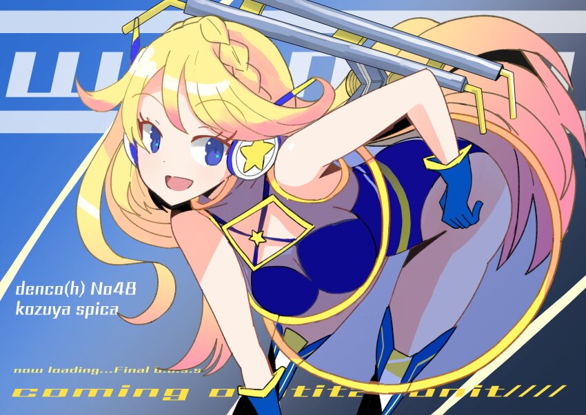 1girl, absurdres, blonde_hair, blue_leotard, breasts, cleavage, highres, kozuya_spica