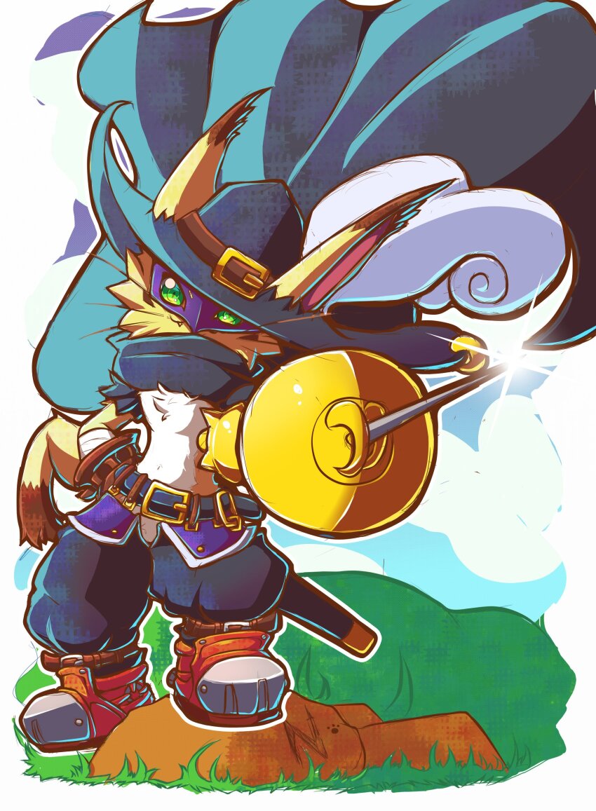 absurdres, black_hat, black_pants, body_fur, boots, brown_boots, cat, digimon