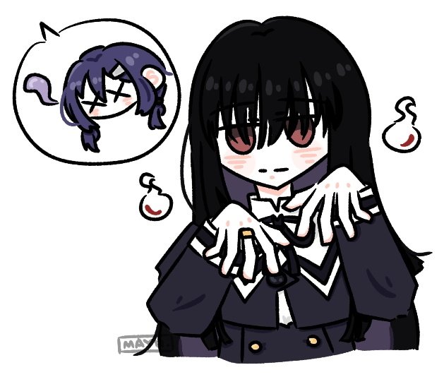 2girls, aoki_kaho, assault_lily, black_hair, black_skirt, blush, brown_eyes, chibi