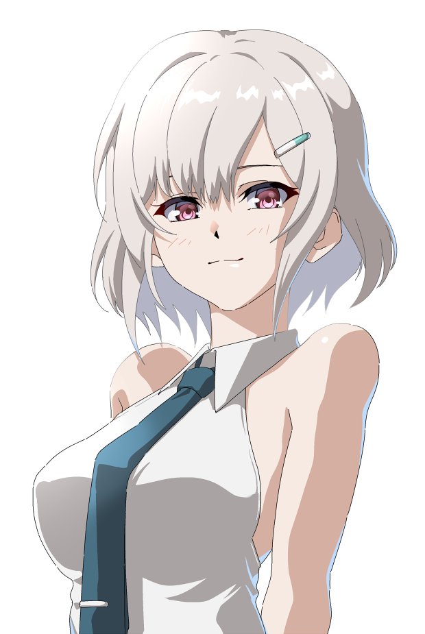 1girl, ada_(synduality), arms_at_sides, bare_arms, bare_shoulders, blue_necktie, blush, breasts