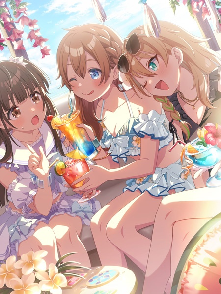 3girls, aqua_eyes, artist_request, bikini, bikini_skirt, black_bikini, blonde_hair, blue_eyes