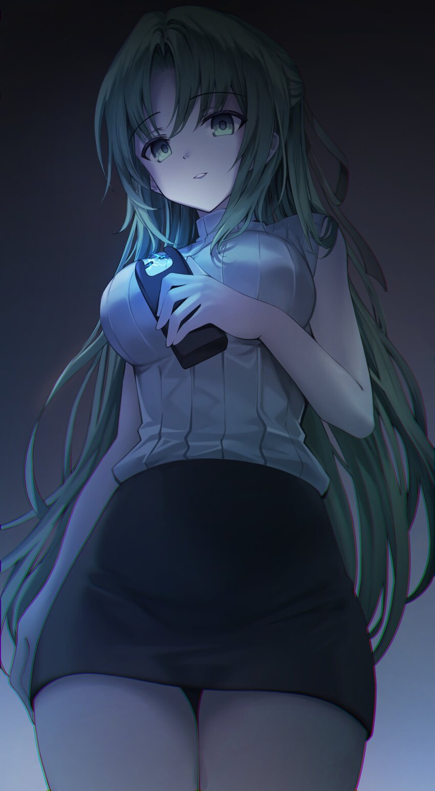 1girl, absurdres, bare_arms, black_skirt, breasts, cowboy_shot, from_below, green_eyes