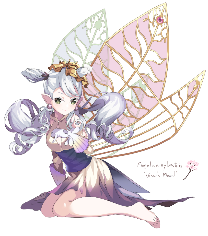 1girl, aromaseraphy_angelica, bare_legs, barefoot, breasts, cleavage, closed_mouth, dress, duel_monster, earrings, fairy, fairy_wings, gloves, green_eyes, hand_on_own_chest, highres, jewelry, long_hair, medium_breasts, simple_background, smile, solo, twintails, very_long_hair, white_background, white_gloves, white_hair, winegrapeivy, wings, yu-gi-oh!