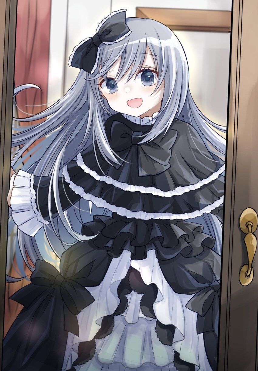1girl, black_bow, black_dress, black_eyes, blush, bow, commission, door, dress, frilled_dress, frilled_sleeves, frills, ghost_belle_&amp;_haunted_mansion, gothic_lolita, grey_hair, hair_between_eyes, hair_bow, highres, lolita_fashion, long_hair, long_sleeves, looking_at_viewer, open_door, open_mouth, skeb_commission, smile, solo, ukyou_kuro, very_long_hair, yu-gi-oh!