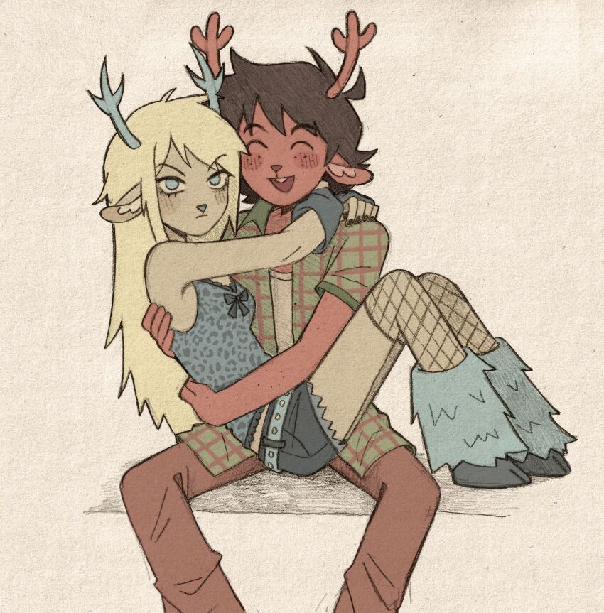 1boy, 1girl, :d, ^_^, aged_down, animal_ears, antlers, arm_warmers, arms_around_neck, arms_around_another's_waist, bare_shoulders, black_nails, blonde_hair, blue_arm_warmers, blue_bow, blue_eyes, blue_leg_warmers, blue_shirt, blue_shorts, bow, breasts, brown_hair, brown_pants, carol_holiday, closed_eyes, commentary, deer_ears, deltarune, denim, denim_shorts, english_commentary, fishnet_socks, fishnets, furry, furry_female, furry_male, highres, hooves, horns, jacket, leg_warmers, long_hair, medium_hair, open_clothes, open_jacket, open_mouth, pants, plaid_clothes, plaid_jacket, reindeer_antlers, reindeer_boy, reindeer_girl, rudolph_holiday, shirt, shorts, sitting, sitting_on_person, small_breasts, smile, socks, szivarvanyturmix02, utdr_(toby_fox)