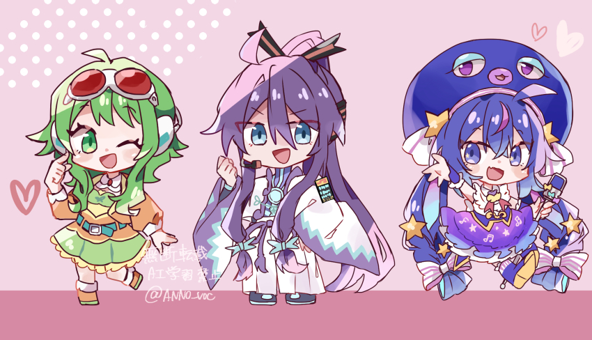 1boy, 2girls, ahoge, anno_voc, belt, blue_belt, blue_eyes, blue_hair