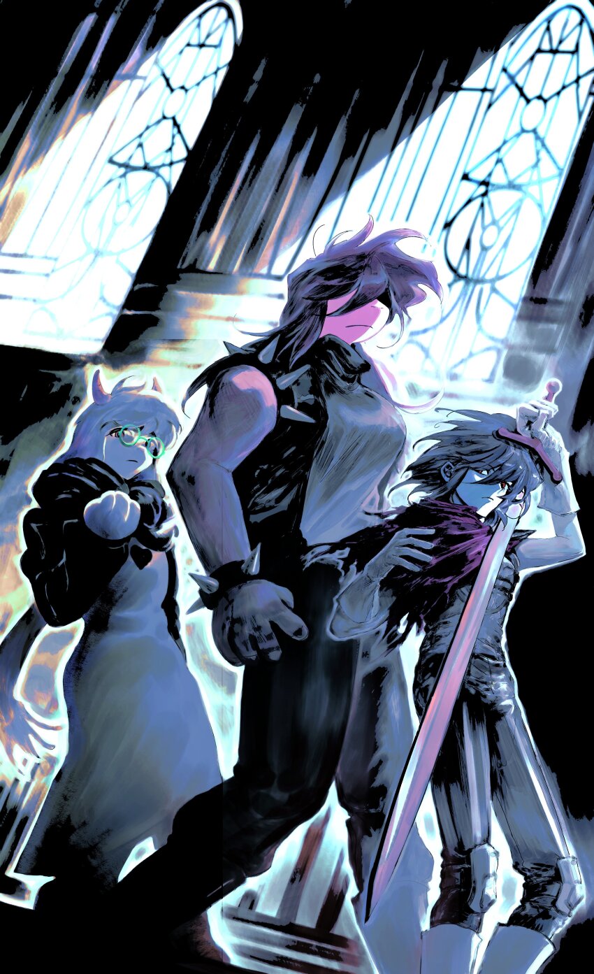 1boy, 1girl, 1other, absurdres, armlet, bandage_player, black_hair, black_pants