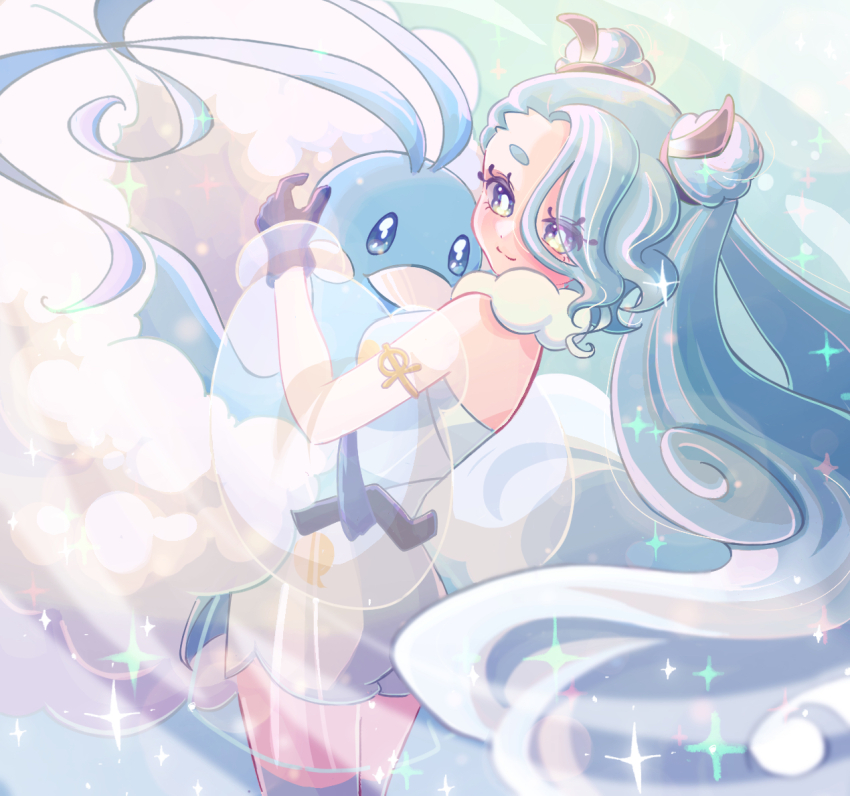 1girl, 1other, altaria, aqua_hair, bird, black_gloves, blue_bird, blue_eyes, blush, closed_mouth, crossover, double_bun, flying_miku_(project_voltage), fuka_(f_uka_1021), gen_3_pokemon, gloves, hair_between_eyes, hair_bun, hair_ornament, hatsune_miku, hug, long_hair, looking_at_viewer, nintendo, official_alternate_costume, official_alternate_hairstyle, pokemon, pokemon_(creature), project_voltage, see-through_clothes, see-through_skirt, see-through_sleeves, shirt, short_shorts, shorts, skirt, smile, twintails, very_long_hair, vocaloid, white_shirt, white_shorts