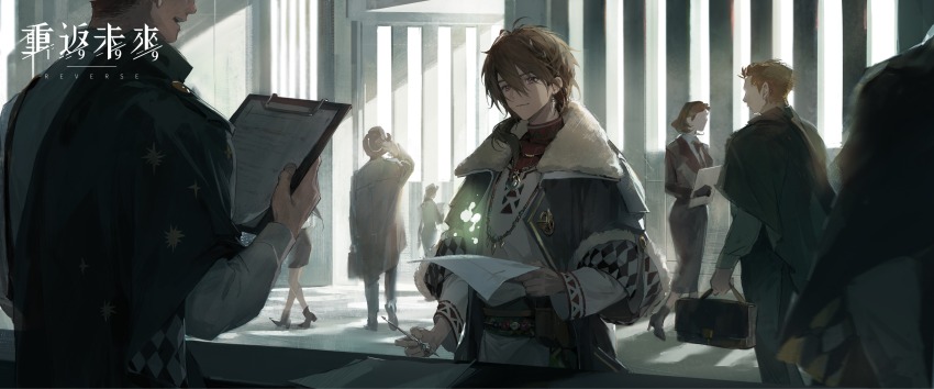 2girls, 2others, 3boys, backlighting, belt_pouch, brown_hair, clipboard, coat