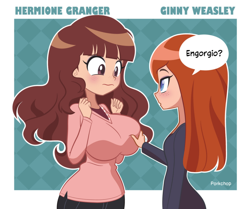 2girls, argyle_background, black_pants, black_shirt, blue_background, blue_eyes, blush, breasts, brown_eyes, brown_hair, embarrassed, eyeshadow, freckles, ginny_weasley, grabbing_another's_breast, groping, harry_potter_(series), hermione_granger, highres, large_breasts, long_hair, makeup, multiple_girls, orange_hair, pants, pink_sweater, porkchop_(artist), purple_eyeshadow, shirt, small_breasts, speech_bubble, sweater, wizarding_world