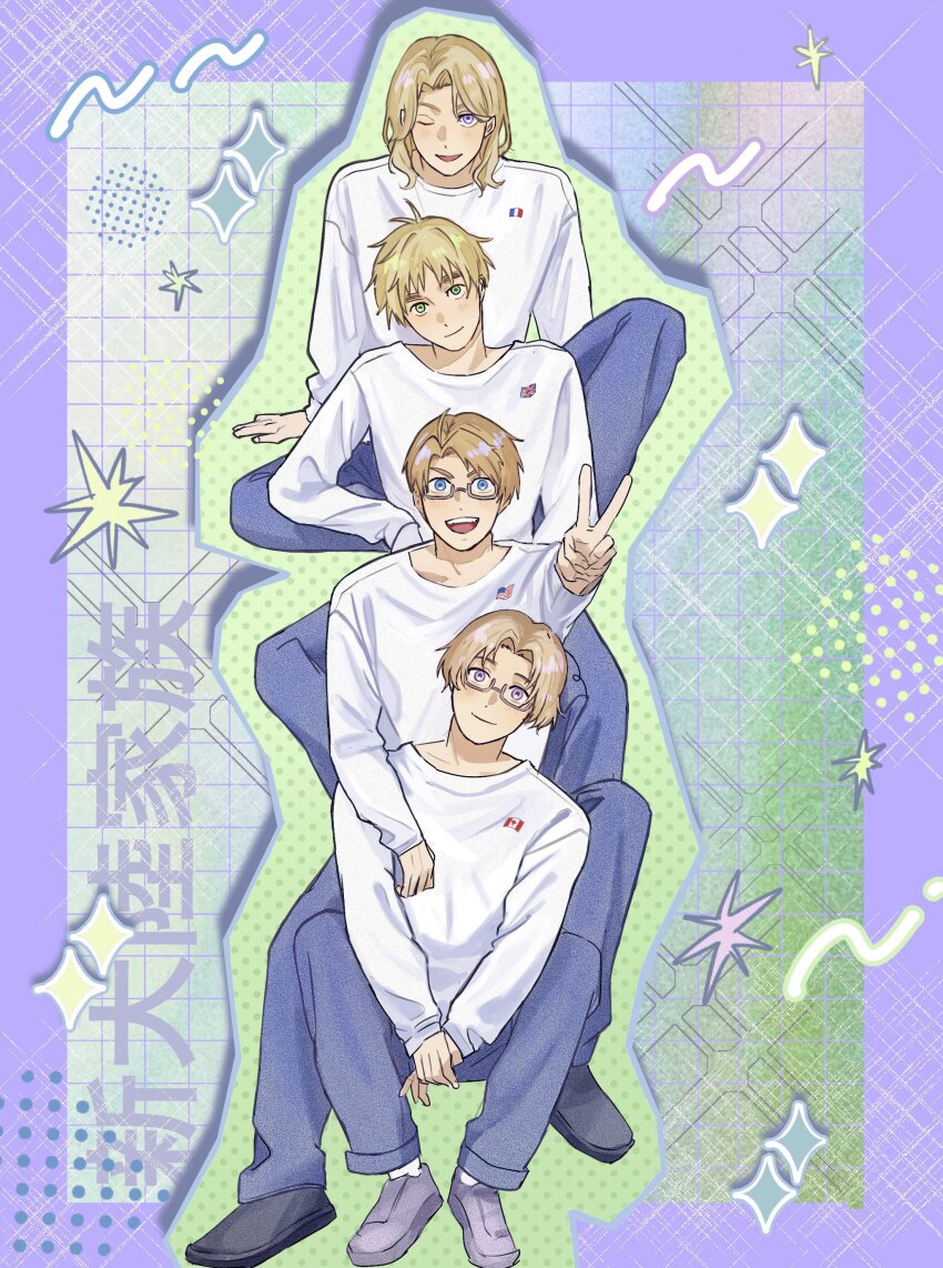 4boys, absurdres, ahoge, america_(hetalia), american_flag, axis_powers_hetalia, bishie_sparkle, black_shoes, blonde_hair, blue_eyes, blue_pants, border, canada_(hetalia), canadian_flag, chiqma0, closed_mouth, collarbone, commentary_request, fingernails, france_(hetalia), french_flag, full_body, glasses, green_eyes, grey-framed_eyewear, grey_shoes, hand_up, highres, long_sleeves, looking_at_viewer, male_focus, matching_outfits, multiple_boys, one_eye_closed, open_mouth, outside_border, pants, polka_dot, polka_dot_background, puffy_long_sleeves, puffy_sleeves, purple_border, purple_eyes, semi-rimless_eyewear, shadow, shirt, shoes, short_hair, sitting, smile, sparkle, star_(symbol), teeth, union_jack, united_kingdom_(hetalia), v, v-shaped_eyebrows, white_shirt