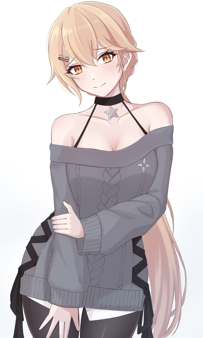 1girl, absurdres, alternate_costume, bare_shoulders, black_choker, blonde_hair, blush, bra, breasts, casual, choker, girls'_frontline, girls'_frontline_2:_exilium, groza_(girls'_frontline_2), hair_between_eyes, hair_ornament, hairclip, highres, hip_focus, hand_on_own_arm, long_hair, looking_at_viewer, medium_breasts, off-shoulder_sweater, off_shoulder, ots-14_(girls'_frontline), pantyhose, ponytail, sandanjuu, smile, solo, sweater, underwear, very_long_hair, yellow_eyes