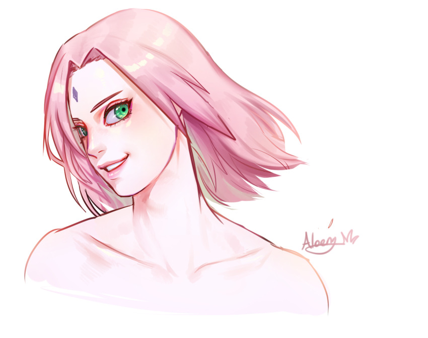 1girl, bare_shoulders, collarbone, eyelashes, facial_mark, forehead_mark, green_eyes, hair_intakes