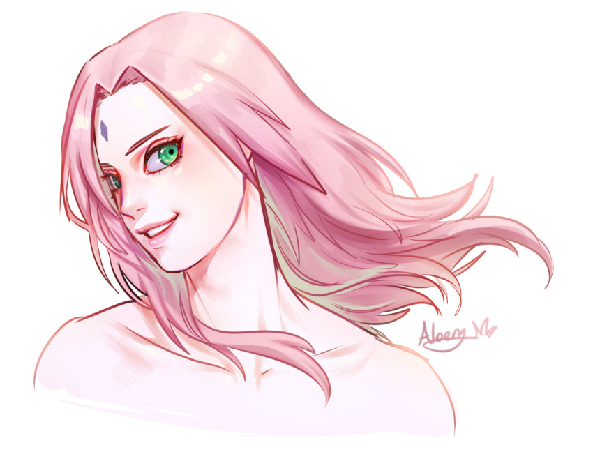 1girl, bare_shoulders, collarbone, eyelashes, facial_mark, forehead_mark, green_eyes, hair_intakes, haruno_sakura, long_hair, naruto_(series), naruto_shippuuden, pink_hair, portrait, qjqjqjql, signature, simple_background, solo, white_background