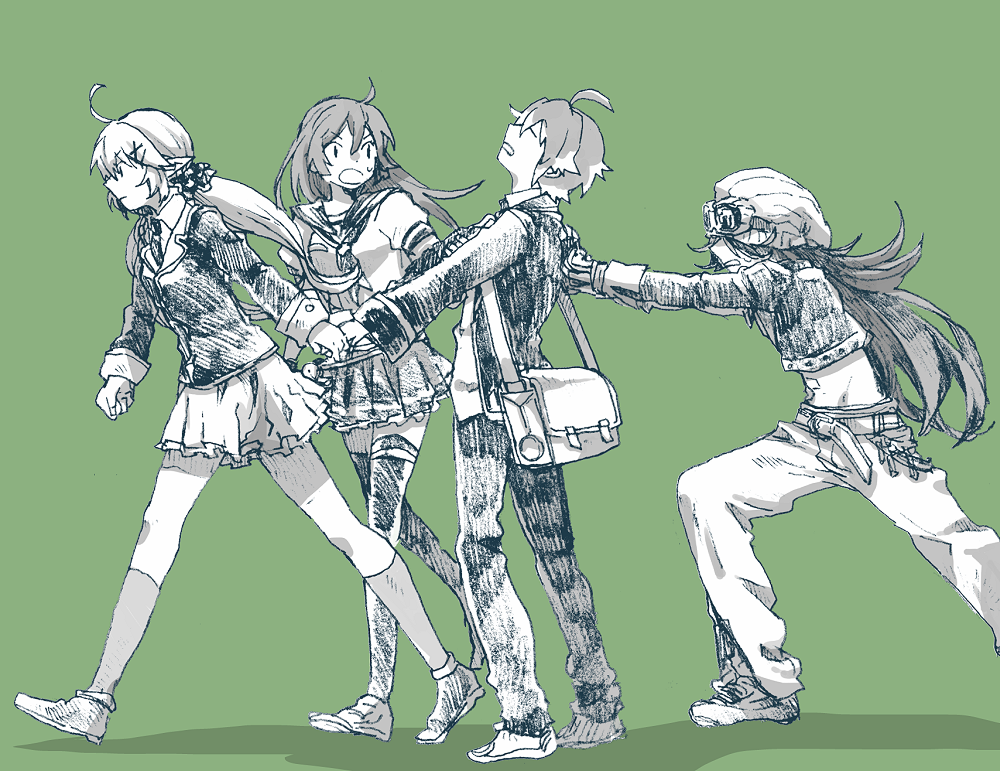 2boys, 2girls, ahoge, another_eden, bag, beanie, belt, clenched_hand, closed_eyes, closed_mouth, collared_shirt, commentary_request, cropped_jacket, double-parted_bangs, floating_hair, foran_(another_eden), from_side, goggles, goggles_on_headwear, green_background, greyscale_with_colored_background, hair_between_eyes, hair_ornament, hair_scrunchie, hand_grab, hands_on_another's_back, hat, hatching_(texture), head_back, jacket, kneehighs, linear_hatching, long_hair, long_pointy_ears, long_sleeves, looking_at_another, looking_back, low_twintails, michibata_65, midriff, mighty_(another_eden), miniskirt, multiple_boys, multiple_girls, neckerchief, necktie, open_mouth, outstretched_arms, pants, pleated_skirt, pointy_ears, profile, pulling, pushing, ruina_(another_eden), sailor_collar, satchel, school_uniform, scrunchie, serafuku, sevyn_(another_eden), shirt, shoes, short_hair, short_sleeves, shoulder_bag, sidelocks, simple_background, skirt, socks, standing, sweatdrop, thighhighs, twintails, v-shaped_eyebrows, very_long_hair, walking, x_hair_ornament