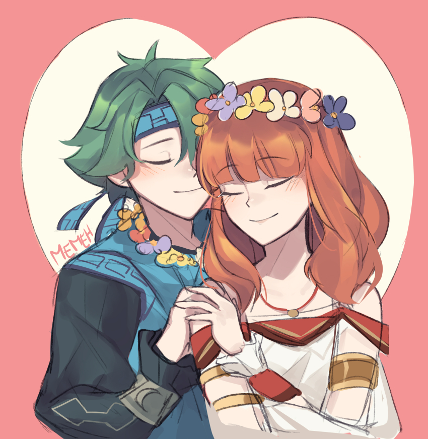 1boy, 1girl, absurdres, alm_(fire_emblem), alm_(valentine)_(fire_emblem), bandana, blue_robe, celica_(fire_emblem)